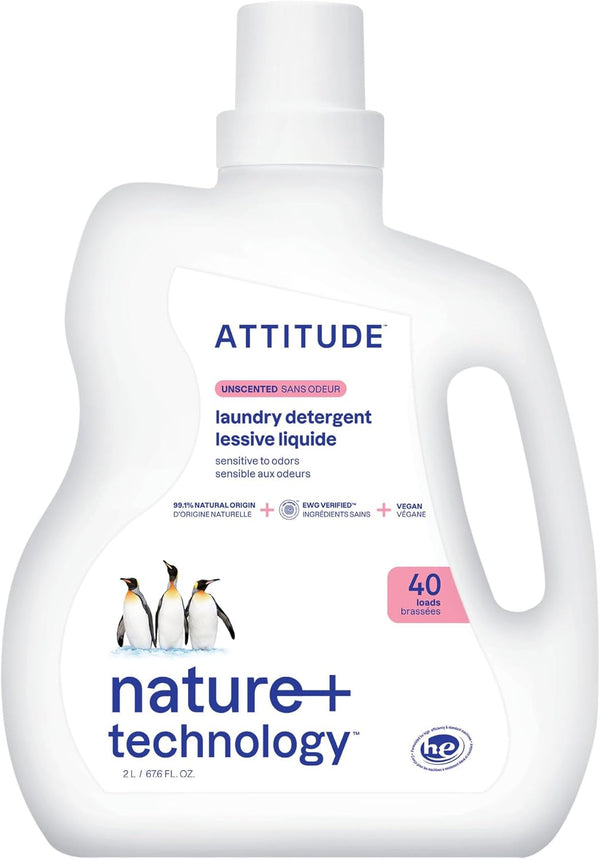 ATTITUDE Liquid Laundry Detergent, EWG Verified Laundry Soap, HE Compatible, Vegan and Plant Based Products, Cruelty-Free, Unscented, 40 Loads, 67.6 Fl Oz