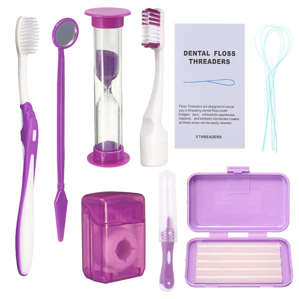 Braces Cleaning Kit for Teeth, Portable Orthodontic Toothbrush Kit Oral Care Dental Travel Kit - Interdental Brush Dental Wax Dental Floss Toothbrush Box (Purple)