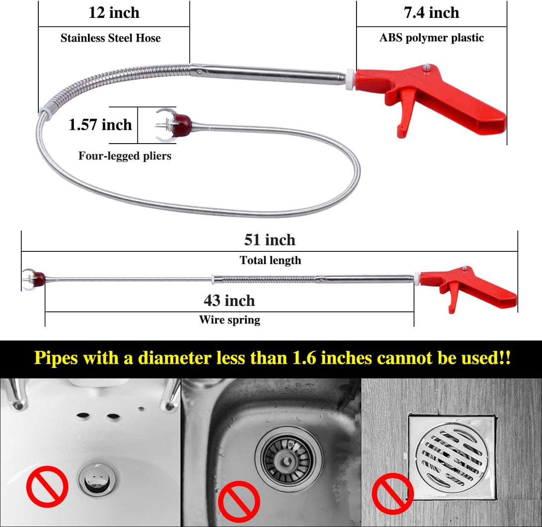 51 Inch Toilet Snake Drain Auger Cleaner Tool, Flexible Grabber Unclogger Tool, Drain Snake, Stainless Steel Telescoping Rod for Pick/Grab Objects Clogged in Toilet Pipes/Drain