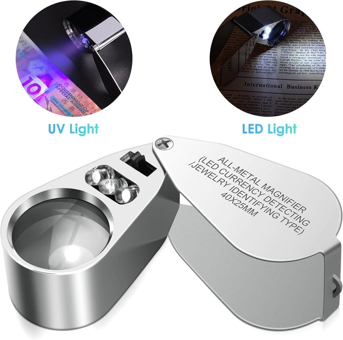 Leffis 40X Jewelers Loupe Magnifier Magnifying Glasses, LED/UV Illuminated Jewelry Loop Pocket Folding Magnifying Glass with Metal Construction for Close Work, Gardening, Kids, Stamp, Rock Collecting