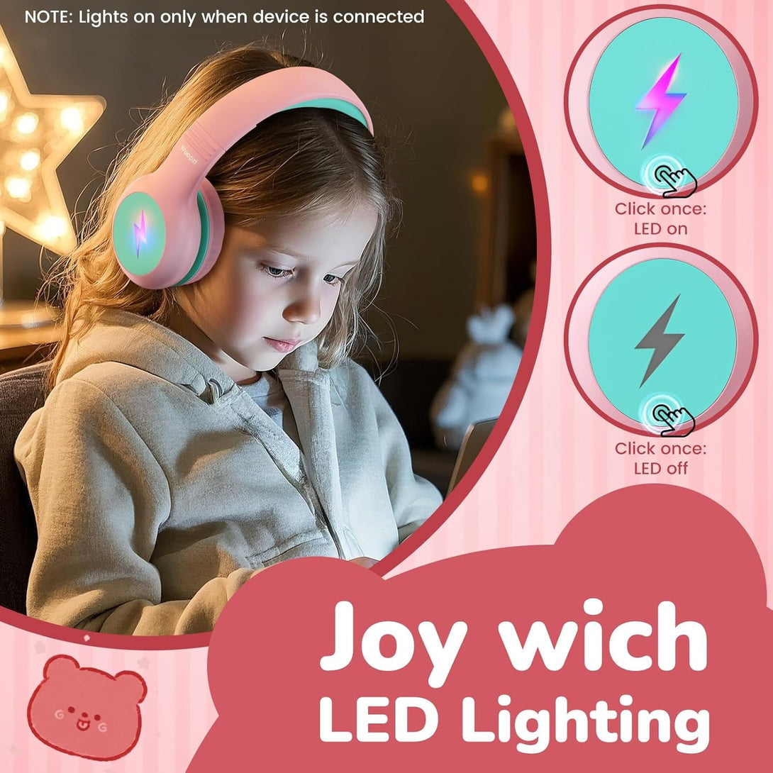 Kids USB C Headphones for School, 2025 Upgrade Safe Listening Wired Over-Ear Headphones with LED Lights, Volume Limiter & Microphone, Foldable Design for Iphone 16, Ipad, Tablet Learning