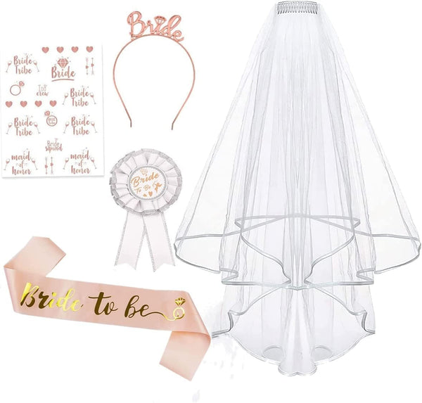 Lecone Bridal Shower Decoration, 5 Pieces Bride to Be Sash and Veil Bride Headband Tiara Garter Bridal Shower Decor Wedding Veil Set Bachelorette Party Accessories, Large, White