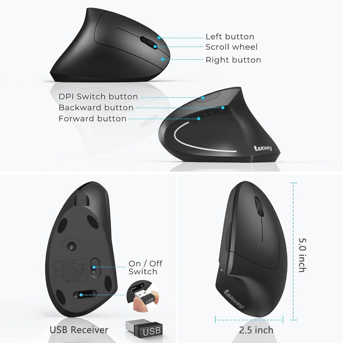 Lekvey Ergonomic Mouse, Vertical Wireless Mouse - Rechargeable 2.4Ghz Optical Vertical Mice : 3 Adjustable DPI 800/1200/1600 Levels 6 Buttons, for Laptop, PC, Computer, Desktop, Notebook Etc, Black