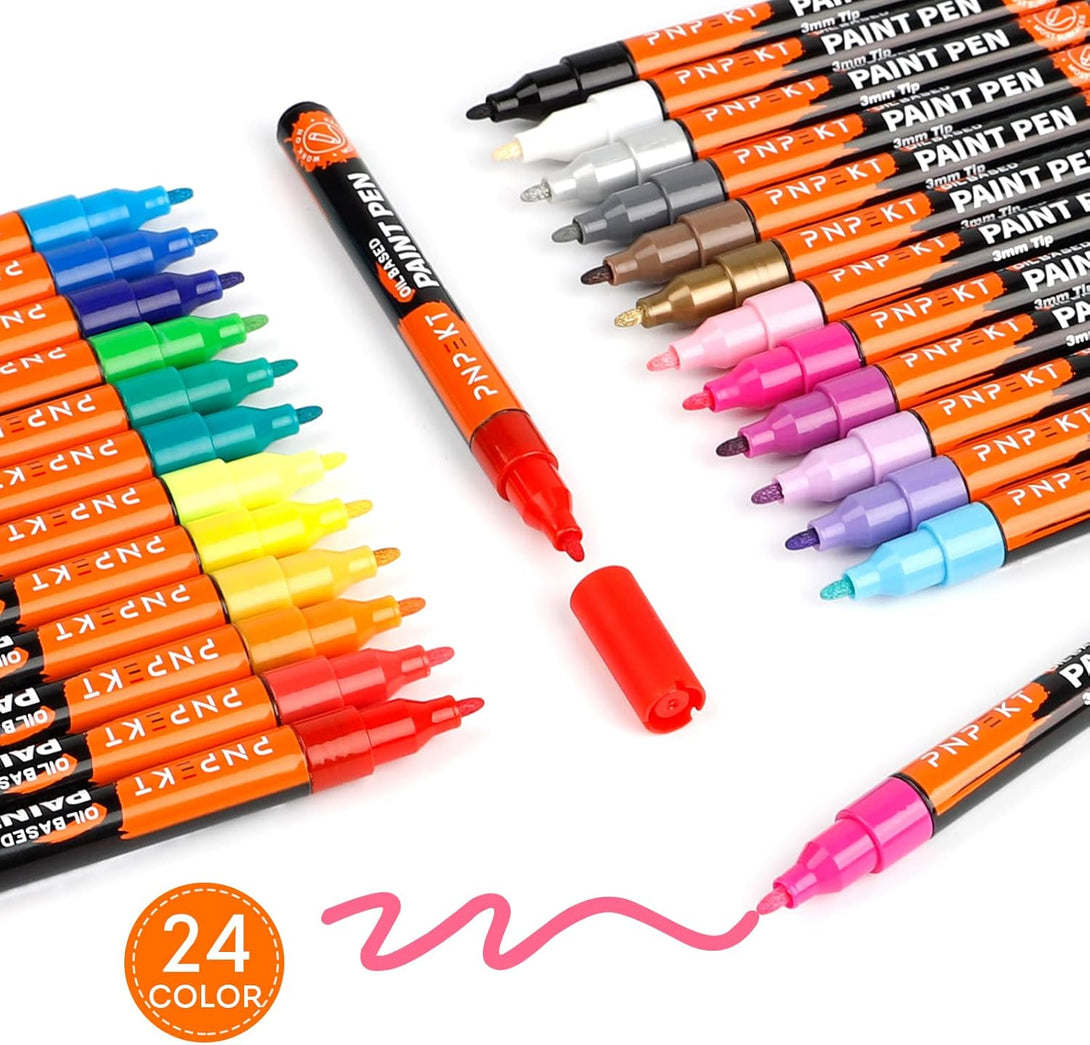 Paint Markers 24 Colors Oil-Based Paint Pens Paint Markers Waterproof Never Fade,Quick Dry Permanent Marker Pen Set for Rocks Painting,Wood,Stone,Plastic,Canvas,Glass, Mugs,Diy Craft Christmas Gift