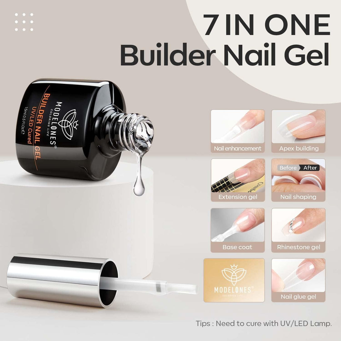 Modelones Builder Nail Gel, 7-In-One Clear Gel Builder for Nail Thickening, LED Nail Lamp Cured Hard Gel Nail Strengthener Extension Gel Base Rhinestone Nail Glue Gel in a Bottle