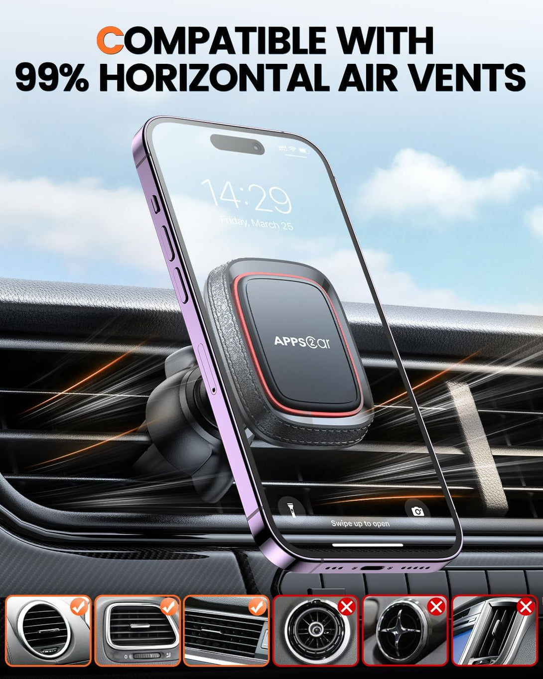 Apps2Car 2 Pack Magnetic Phone Car Mount, Car Phone Holder Mount Magnetic, Built in 6 Strong Magnets, Air Vent Cell Phone Holder for Car with Adjustable Secure Tightening System