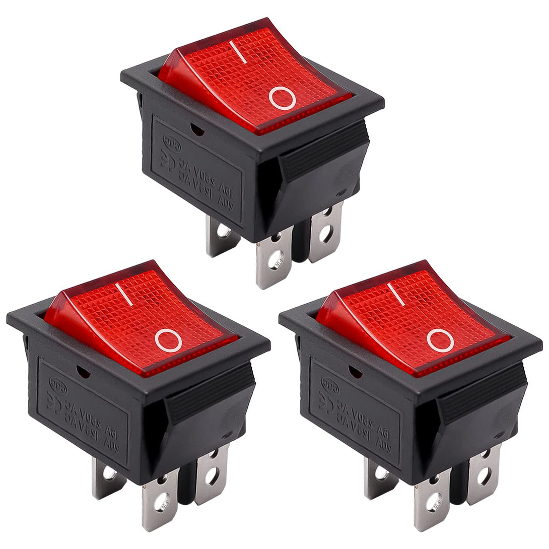 Mxuteuk 3Pcs AC110V/120V Rocker Switch DPST On-Off 4 Pin Red Light Illuminated Snap-In Toggle Power Switch, AC 250V 6A 125V 10A, Use for Household Appliances MXU2-201NR