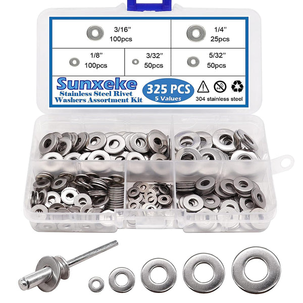 325Pcs Stainless Steel Washers for Blind Pop Rivets Assortment Kit, Backup Rivet Washers Diameter 3/32 Inch 1/8Inch 5/32Inch 3/16Inch 1/4Inch