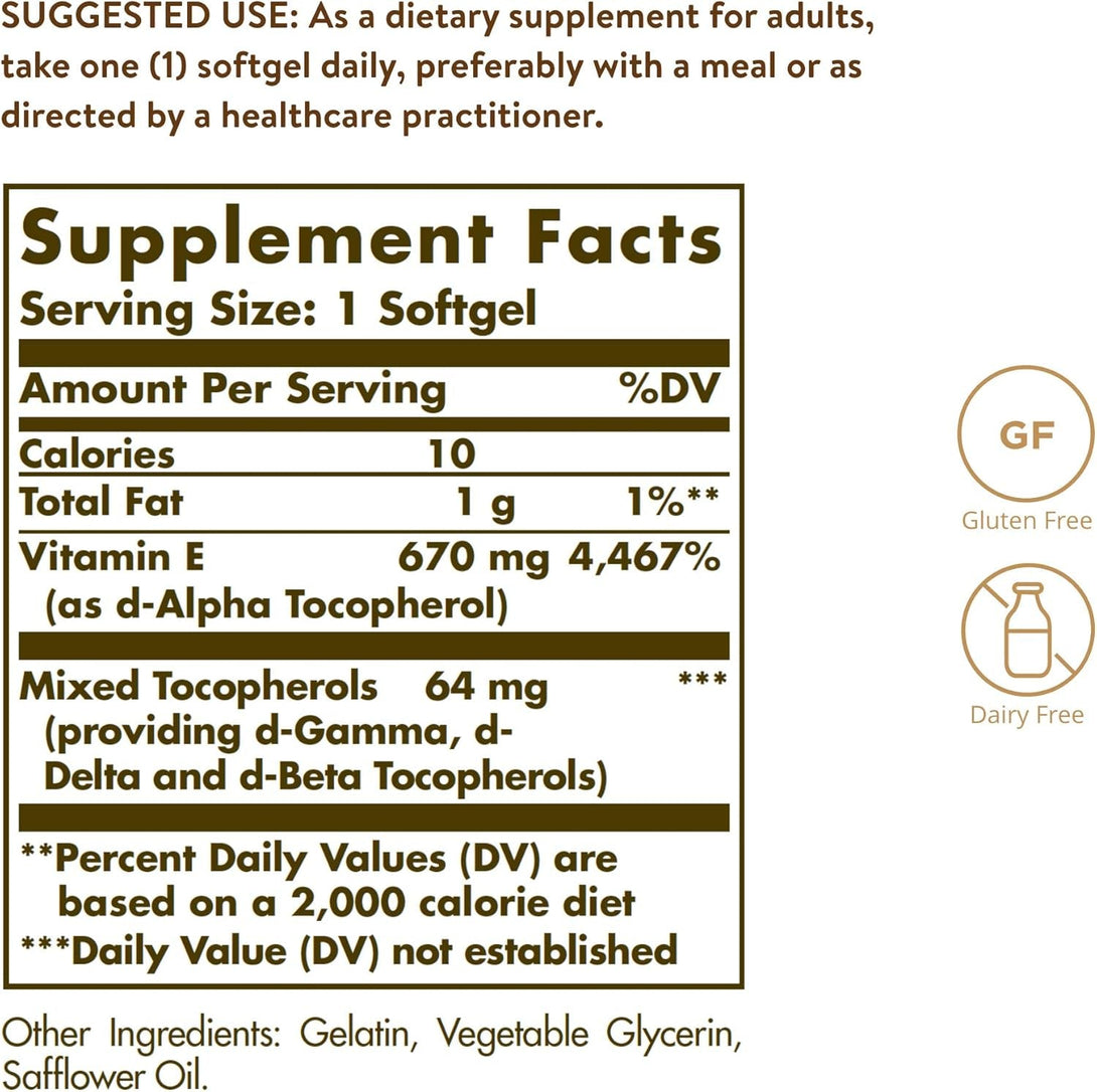 Solgar Vitamin E 670 Mg (1000 IU), 100 Mixed Softgels - Natural Antioxidant, Skin & Immune System Support - Naturally-Sourced Vitamin E - Gluten Free, Dairy Free - 100 Servings
