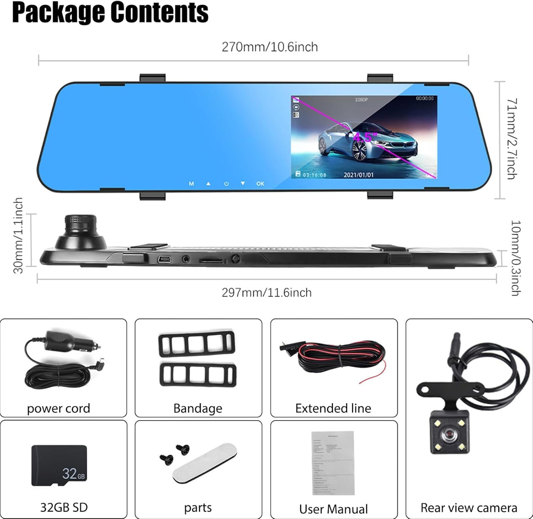 Mirror Dash Cam for Cars,4.5" Rear View Mirror 1080P Front and Rear View Dual Cameras,Super Night Vision,Parking Assistance,G-Sensor,24H Parking Monitor, Waterproof Backup Camera Free 32GB Card