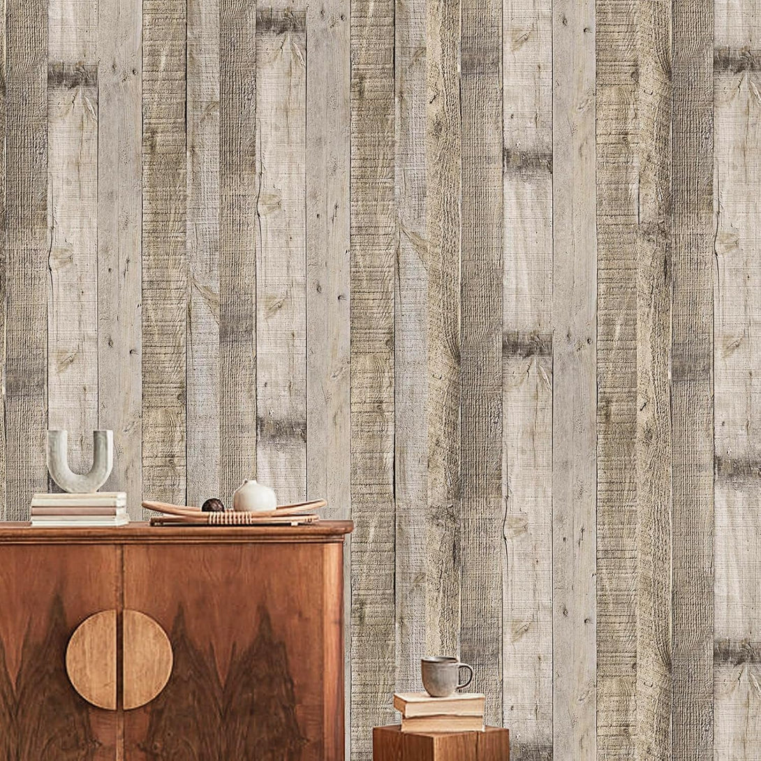 Anmon Peel and Stick Wallpaper Wood Contact Paper, Light Gray Wood Plank Wallpaper 17.7“ X 118”, Shiplap Wall Paper Peel and Stick for Cabinets, Rustic Bathroom Removable Modern Decorative