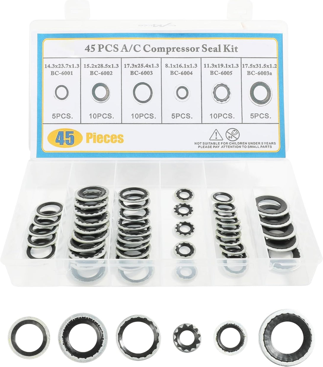 ESEWALAS 45 Pieces A/C Gasket Assortment,Air Conditioning Compressor Port Seal Washer Kit,Automotive AC Compressor Seals Self-Centered Bonded Seal