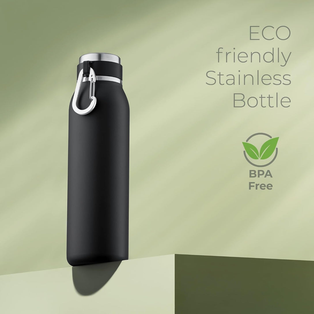 Sipx™ Triple-Insulated Stainless Steel Water Bottle - 20Oz. with Cover Lid, Bpa-Free Reusable Insulated Water Bottle Keeps Cold for 24 Hours, (Black)