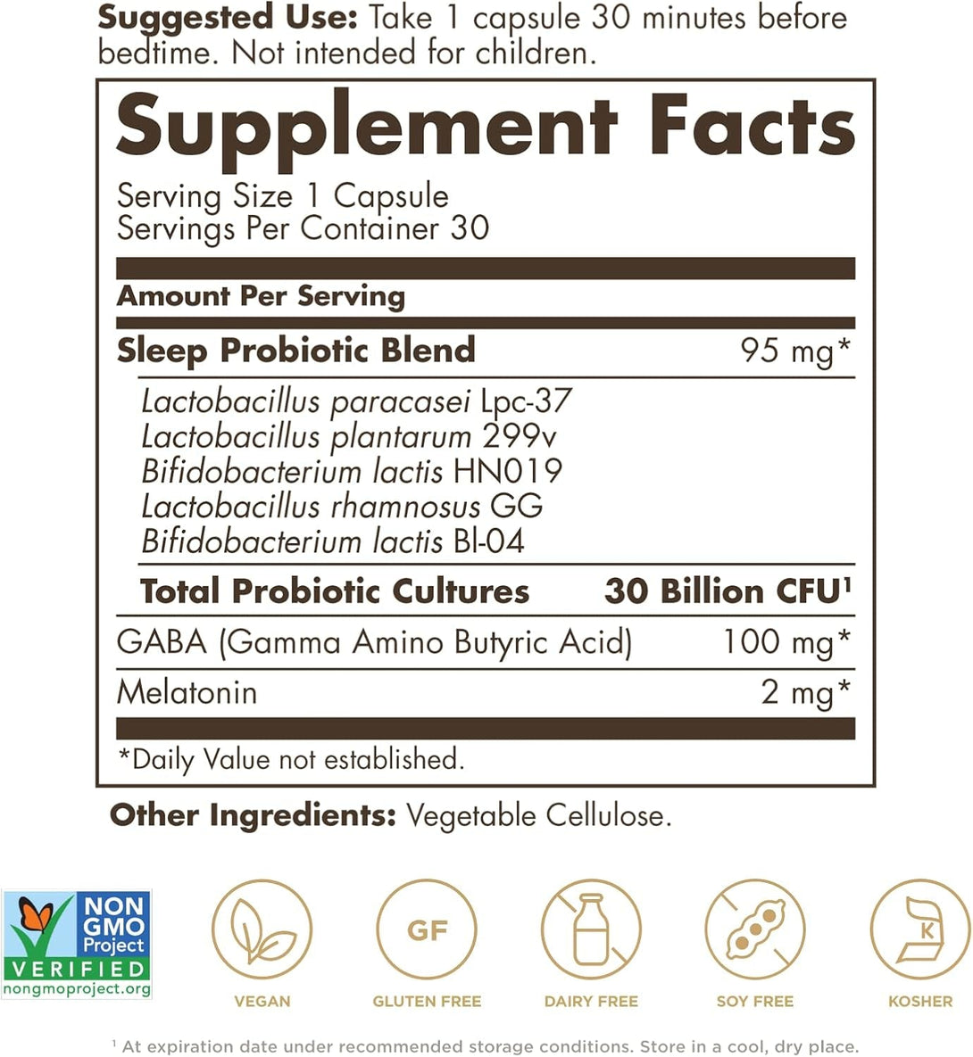 Solgar Advanced Sleep Support Probiotic with GABA & Melatonin, 30 Vegan Capsules - 30 Billion CFU - 5 Clinically-Studied Strains - Support for Restful Sleep & Recovery - Non-Gmo & Vegan, 30 Servings