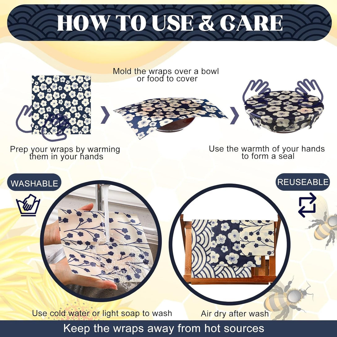 9 Pack Japanese Reusable Beeswax Wraps for Food Eco-Friendly Beeswax Wraps Bread Sandwich Wrapper Organic Sustainable Zero Waste Reusable Plastic-Free Food Storage Wrap 1 XL 3 Medium 5 S