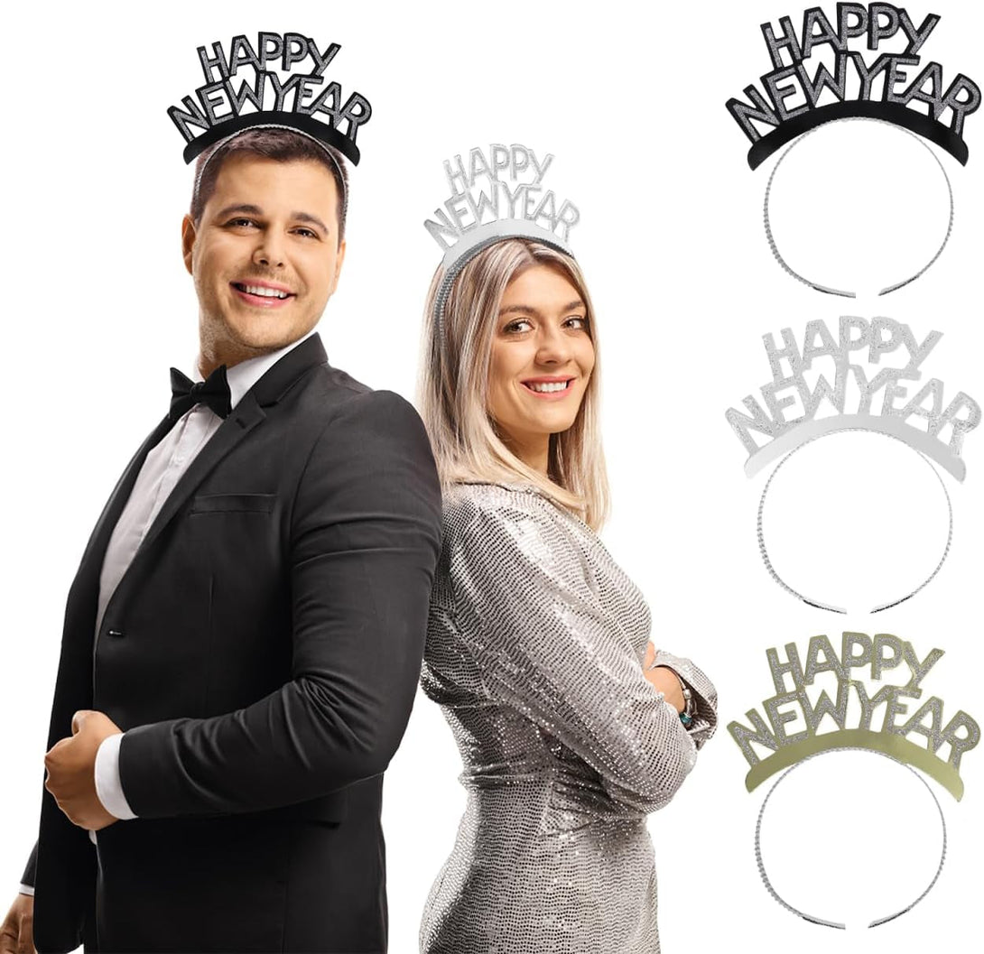 Amosfun HAPPY NEW YEAR Headband Tiara New Years Party Favors Gold Silver Black 12 Pieces
