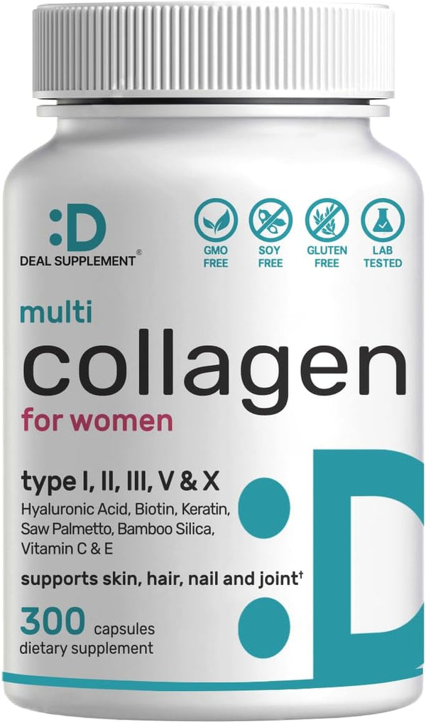 DEAL SUPPLEMENT Multi-Collagen Pills for Women with Vitamin C, E, & Biotin, 300 Capsules – 11 in 1 Formula with Saw Palmetto, Bamboo Silica, & Hyaluronic Acid – Hair, Skin, Nail, & Joint Health