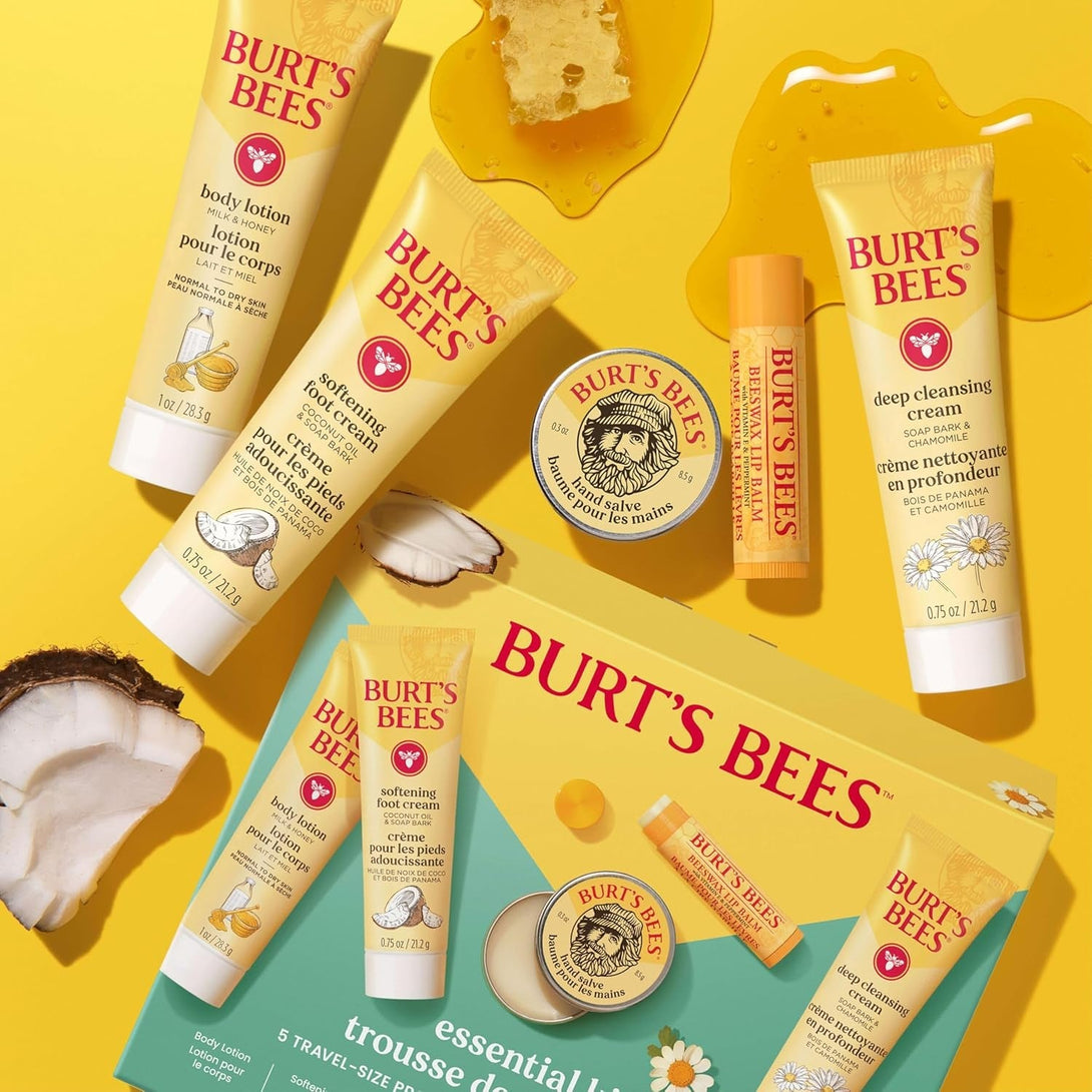 Burt'S Bees Gift Ideas - Essentials Everyday Set, 5 Travel Size Products - Deep Cleansing Cream, Hand Salve, Body Lotion, Foot Cream and Original Lip Balm