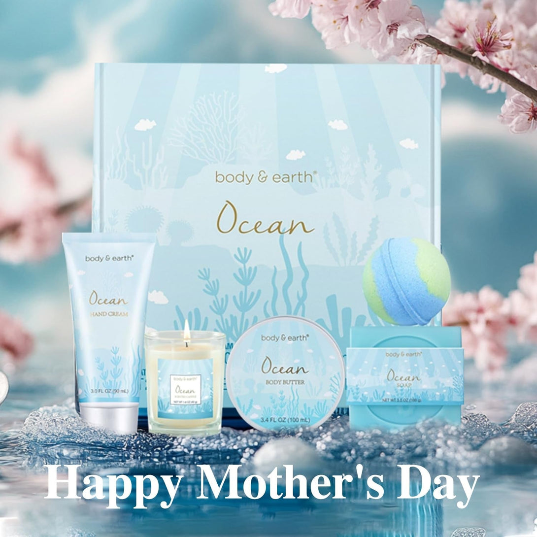 Gifts for Women, Bath and Body Womens Gift Sets with 5 Pcs Ocean Scented Spa Gifts for Women Bath Gift with Scented Candle Body Butter Hand Cream Bath Bomb Mothers Day Gifts