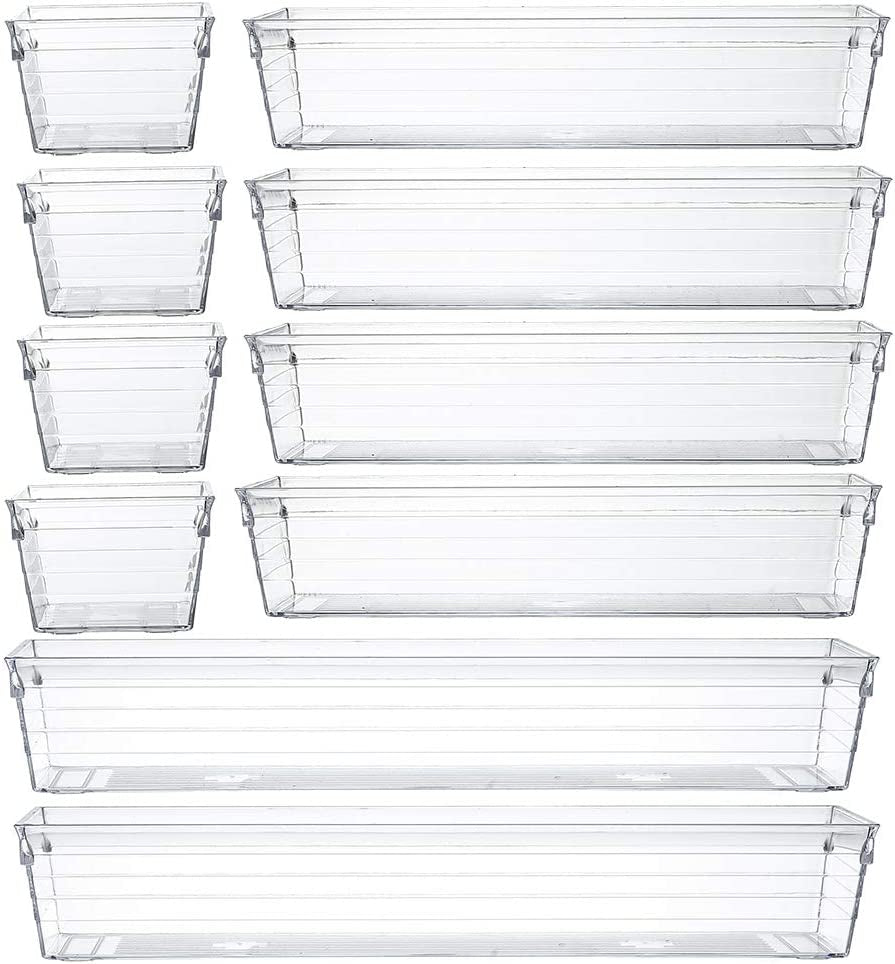 Backerysupply Clear Plastic Drawer Organizer Tray for Vanity Cabinet (Set of 10),Storage Tray for Makeup, Kitchen Utensils, Jewelries, and Gadgets