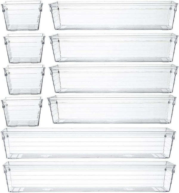 Backerysupply Clear Plastic Drawer Organizer Tray for Vanity Cabinet (Set of 10),Storage Tray for Makeup, Kitchen Utensils, Jewelries, and Gadgets