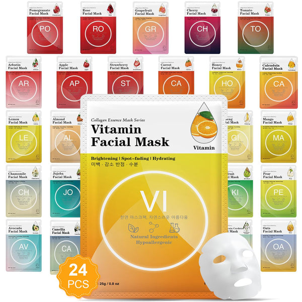 VESPRO 24 Pack Face Masks Skincare for Women, Moisturizing Face Mask Skin Care Suitable for All Skin Types, Bulk Sheet Facial Mask Gifts Set for Spa Party, Facial Masks for Women Skin Care