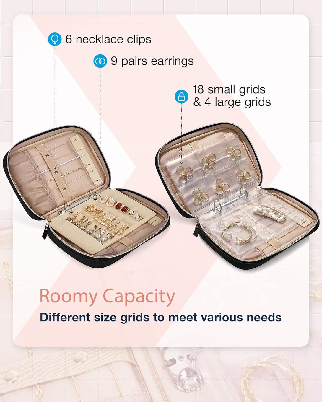 BAGSMART Travel Jewelry Case, Jewelry Rolls Storage, Jewelry Bags Clear for Easy Access, Jewelry Rolls Zipper Pouch Bag for Necklaces, Earrings, Rings, Bracelets, Black