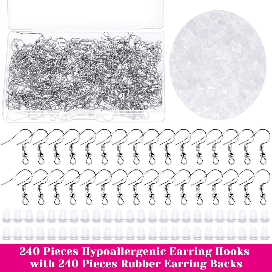 Earring Hooks for Jewelry Making Supplies, Cridoz 240Pcs Hypoallergenic Earing Fish Hooks Stainless Steel Earing Hooks Kit with 240Pcs Earring Backs for Jewelry Earring Making Supplies