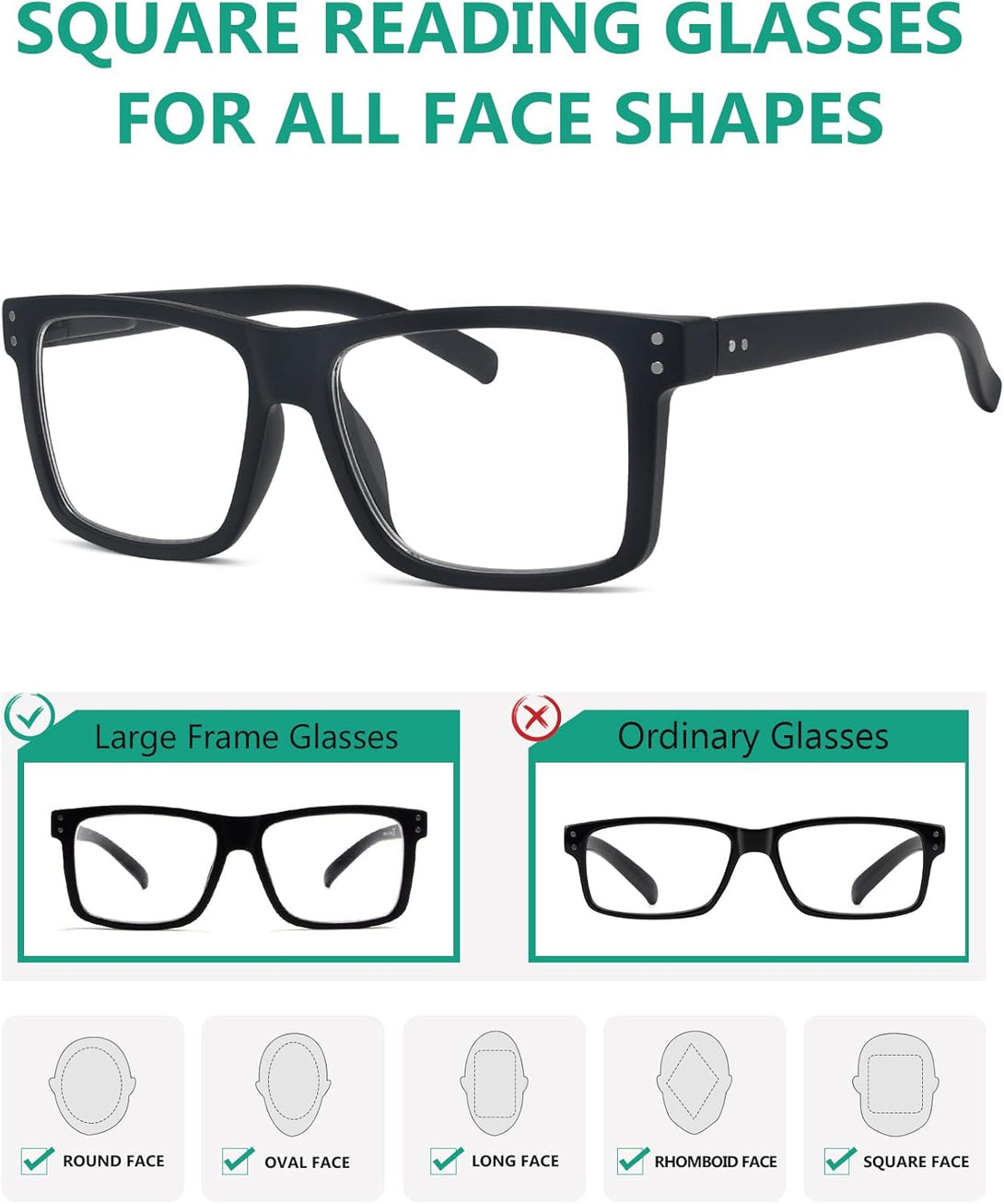 Eyekepper 5-Pack Oversized Reading Glasses Square Large Frame Readers for Men and Women - Black +1.50