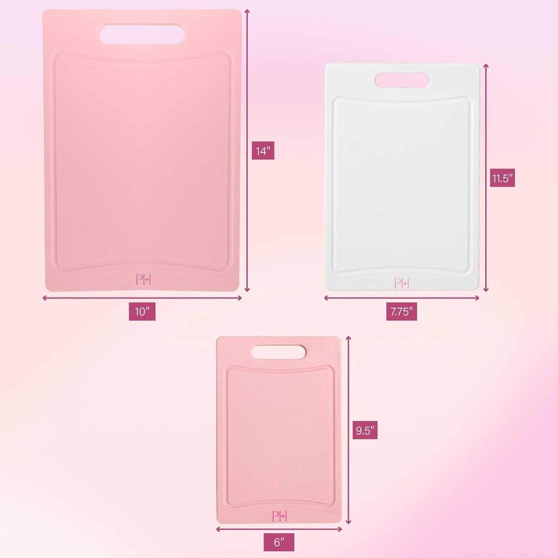 Paris Hilton Cutting Boards, Dual-Sided Cutting Board Set with Built-In Juice Grooves, Easy-Grip Handles, Heavy-Duty Plastic Made without BPA, Dishwasher Safe, 3-Piece Set, Pink and Cream