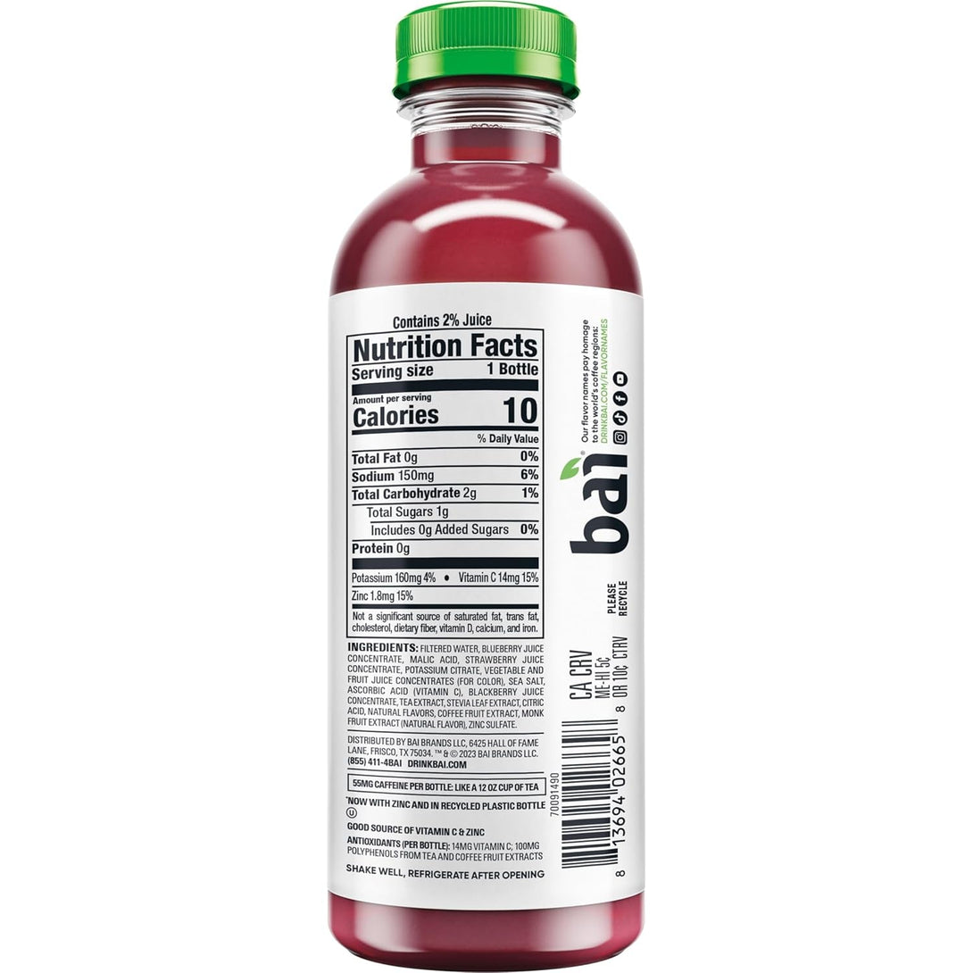 Bai Antioxidant Infused Water Beverage, Brasilia Blueberry, with Vitamin C and No Artificial Sweeteners, 18 Fluid Ounce Bottle, 12 Pack
