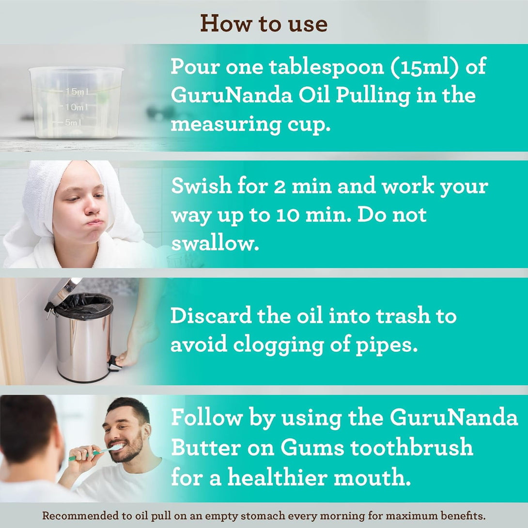 Gurunanda Coconut Oil Pulling, Fresh Breath & Whitening Mouthwash, 7 Essential Oils & Vitamins for Happy Teeth & Gums, Alcohol-Free, 16 Oz