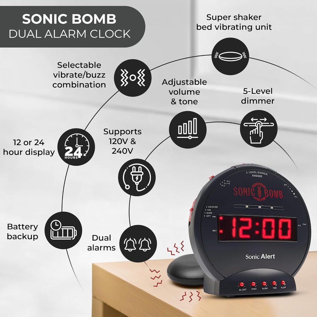 Sonic Bomb Dual Extra Loud Alarm Clock with Bed Shaker, Black | Sonic Alert Vibrating, Heavy Sleepers, Battery Backup | Wake with a Shake