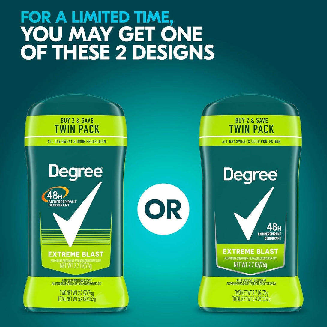 Degree Men Original Protection Antiperspirant Deodorant Extreme Blast Twin Pack 48-Hour Sweat and Odor Protection Antiperspirant for Men 2.7 Oz