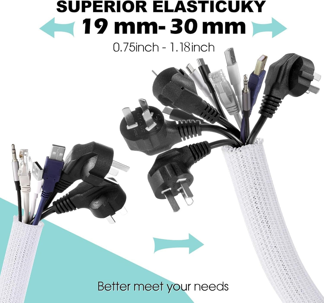 AGPTEK White Cable Sleeve Cover, 2 Pack 5Ft - 1.2 Inch Cord Management Wire Organizer under Desk, Home Office Computer Wire Cover Hider Cord Protector, Protect Pet Cat Dog from Chewing, White