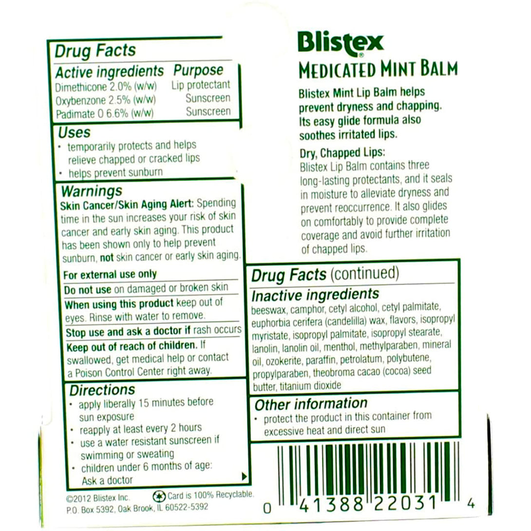 Blistex Medicated Lip Balm Protectant/Sunscreen SPF 15 Mint, 0.15 OZ Pack of 5
