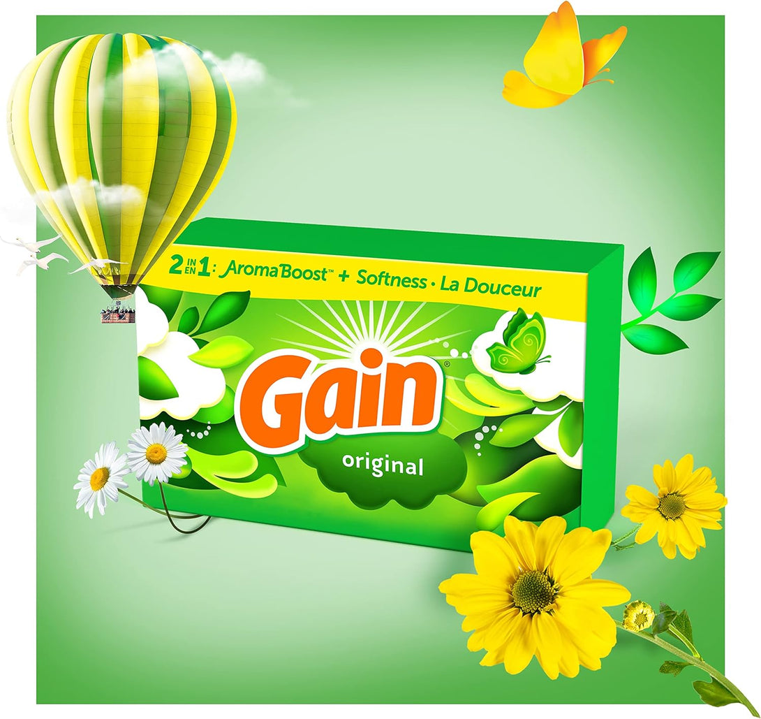 Gain Dryer Sheets, 240 Count, Original Scent Laundry Fabric Softener Sheets with 2-In-1 Aromaboost plus Softness