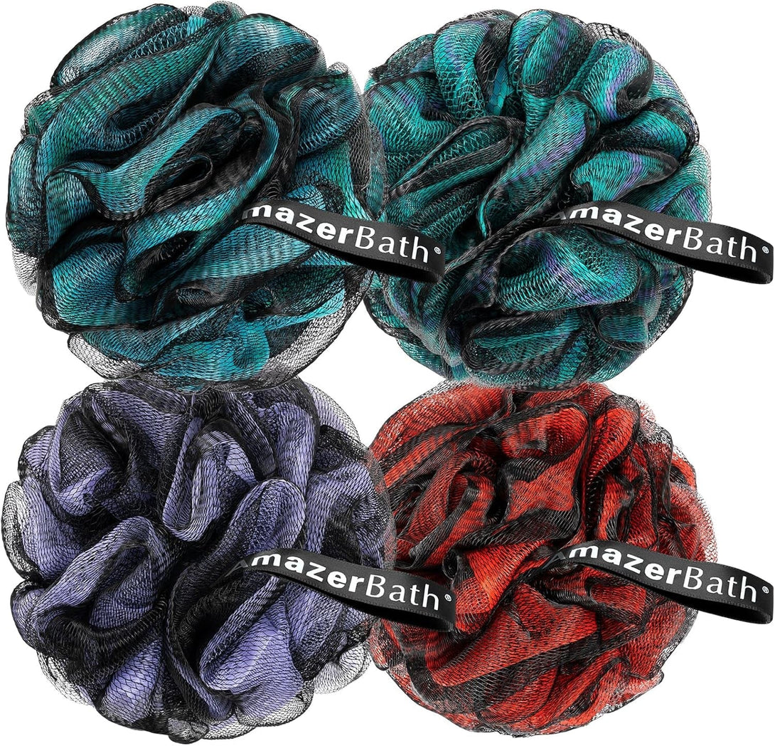 Amazerbath Charcoal Loofah Sponge, Shower Loofah 60G/Pcs - Body Scrubber Loofa Set of 4 - Charcoal Blue, Green, Purple & Red, Bath Sponge for Men and Women