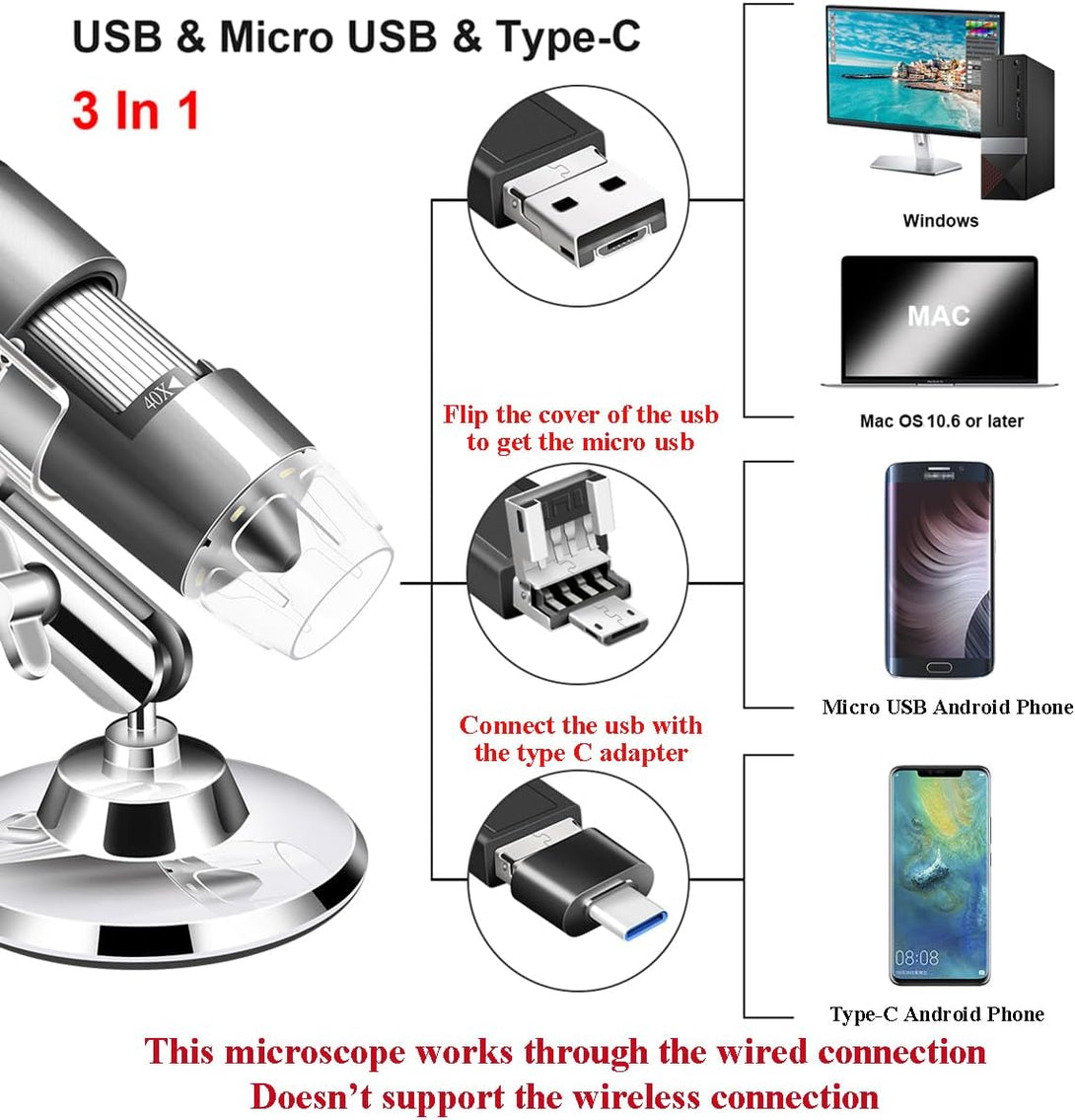 USB Microscope Camera 40X to 1000X, Cainda Digital Microscope with Metal Stand & Carrying Case, Compatible with Android Windows Linux Mac, Portable Microscope Camera for Kids Students Adults (Gray)