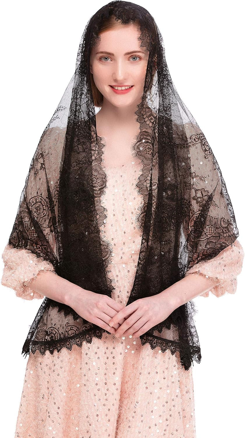 PAMOR Chapel Veil Spanish Lace Floral Mantilla Veils Wrap Shawl Mass Head Covering Rectangular Shape