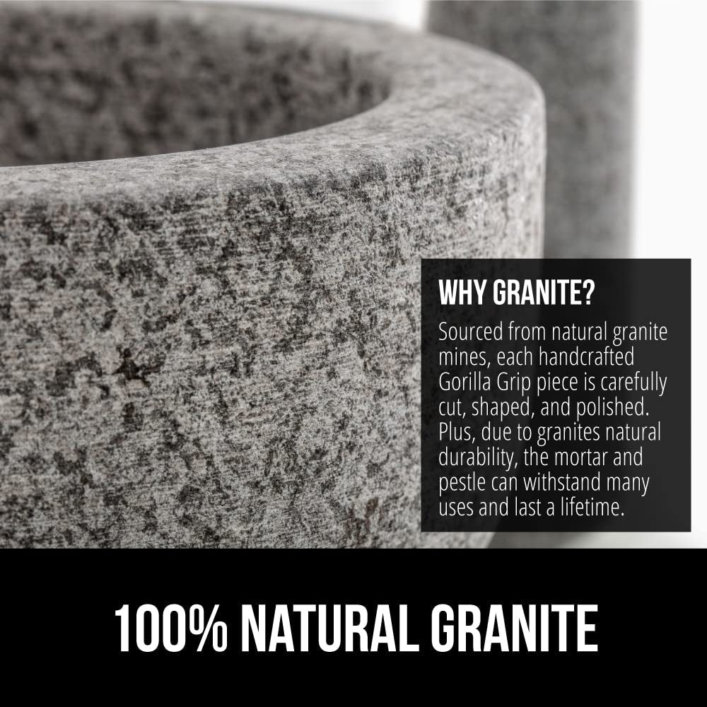 GORILLA GRIP Heavy Duty Mortar and Pestle Set with Slip Resistant Base, 2 Cup, 100% Granite Stone Molcajete Guacamole Bowl, Grind Seeds, Spices, Crush Garlic, Kitchen Muddler for Fresh Herbs, Gray