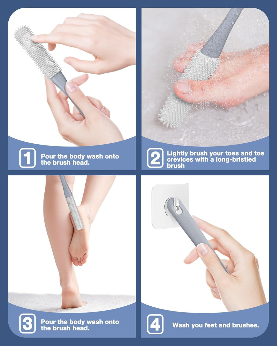 4 Pack Toe Cleaning Brush Set,Long Handle Bath Toe Brush Scrubber Bathroom for Seniors Elderly Men and Women (Grey)