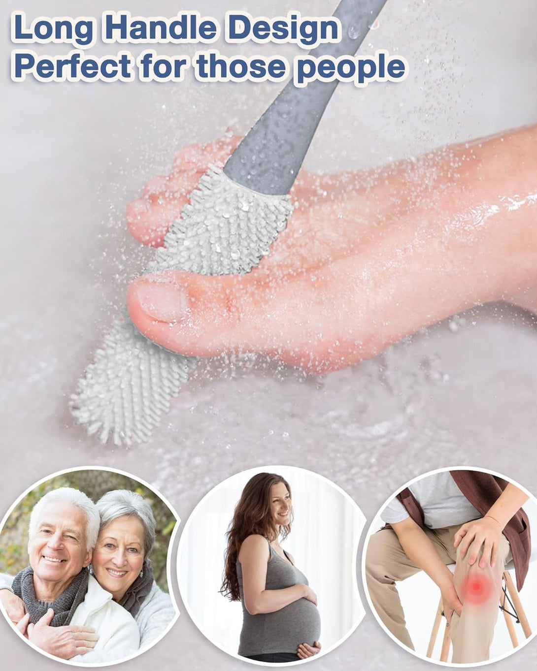 4 Pack Toe Cleaning Brush Set,Long Handle Bath Toe Brush Scrubber Bathroom for Seniors Elderly Men and Women (Grey)