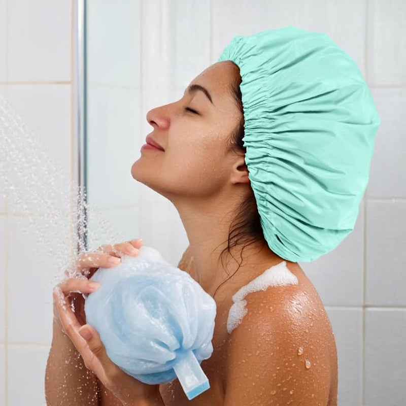 Reusable Shower Cap for Women, Large Waterproof Shower Essentials Bonnet Washable Elastic Band Bath Hair Wrap Hat for Long Hair, Braids(Mint Green)