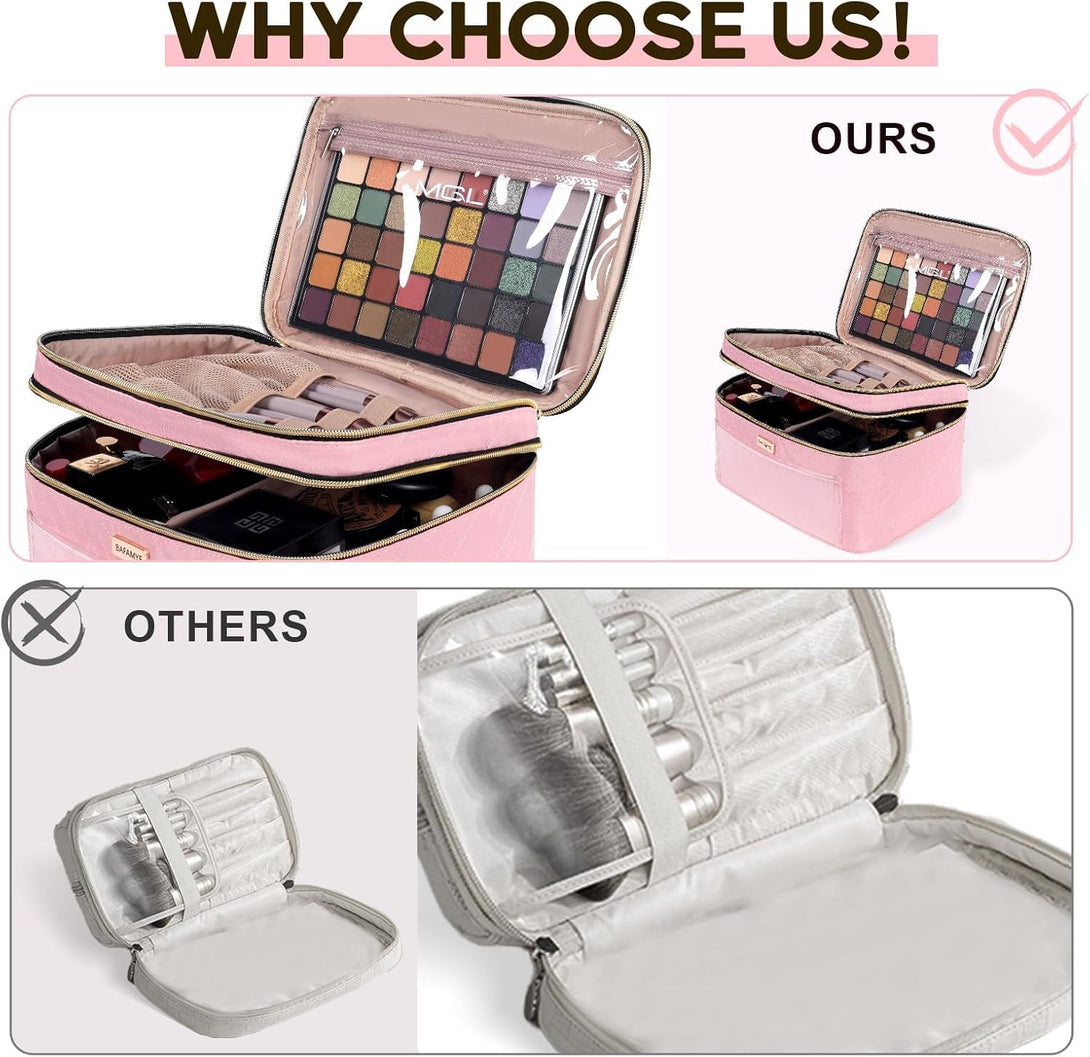 8.8L Double Layer Travel Makeup Bag Women, Large Cosmetic Case, Organizer for Travel-Size Accessories Bottles, Brushes, and Skin Care Products, Pink 2.33 GAL