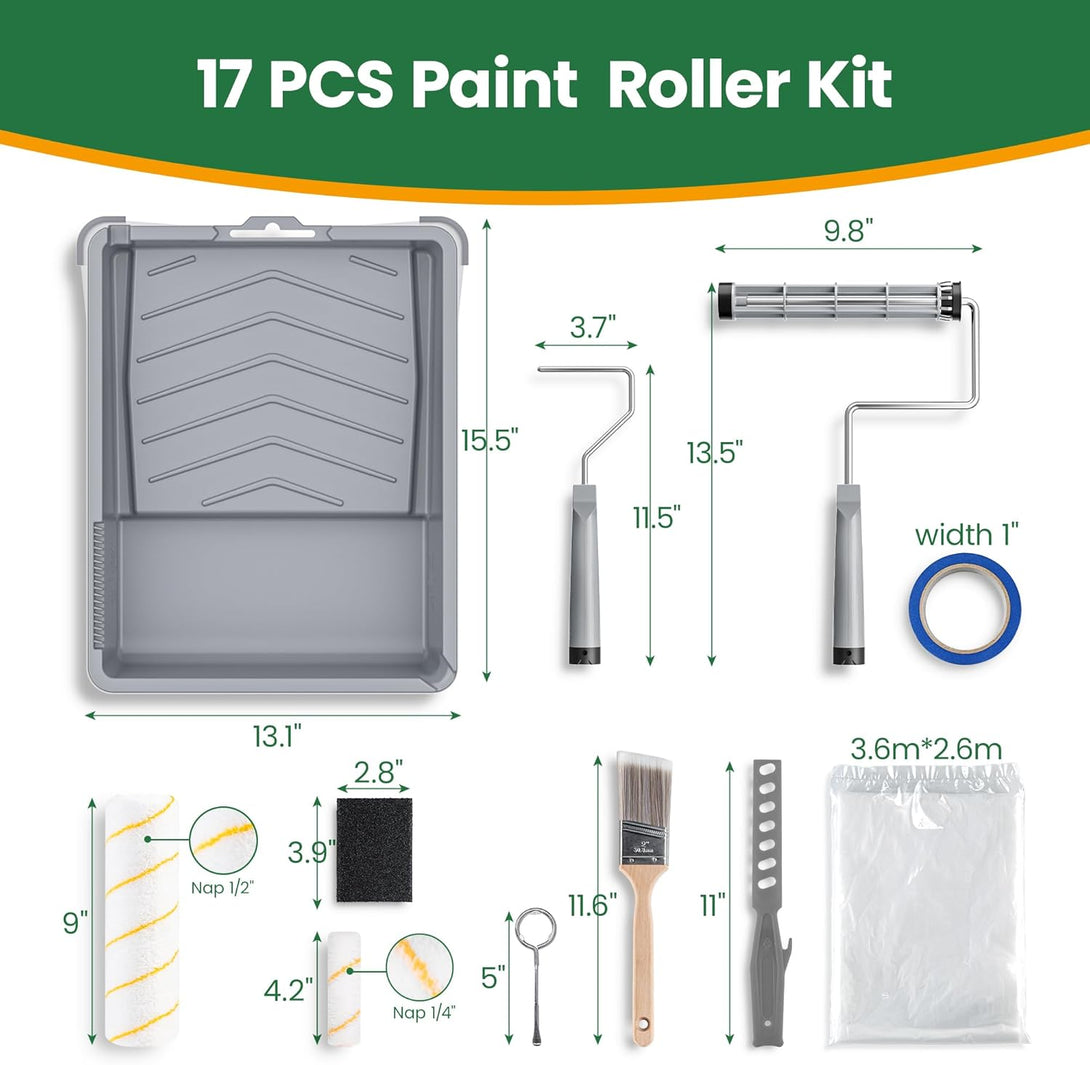 17 Piece Paint Roller Kit - Paint Rollers 9"4", Paint Roller Frame，Paint Trays, Microfiber Roller Cover, Paint Kit for House Painting,Paint Brushes for Painting Walls