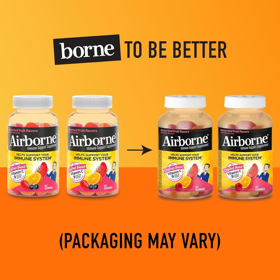 Airborne 750Mg Vitamin C Gummies for Adults, Immune Support Gummies with Powerful Antioxidants VIT C & E, Caffeine Free - 2X63Ct Bottle (42 Servings), Assorted Fruit Flavor