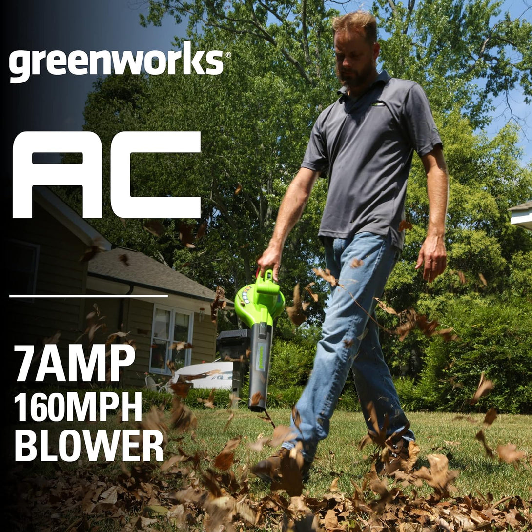 Greenworks 7 Amp 160 MPH/150 CFM Single Speed Electric Blower, 24012, Green