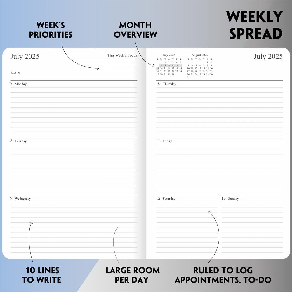 2025-2026 Planner - Weekly and Monthly Planner, July 2025 - June 2026, Holidays, Contacts and Notes Pages, Vegan Leather Cover, Elastic Closure, 5.5”X8.25”, Grey