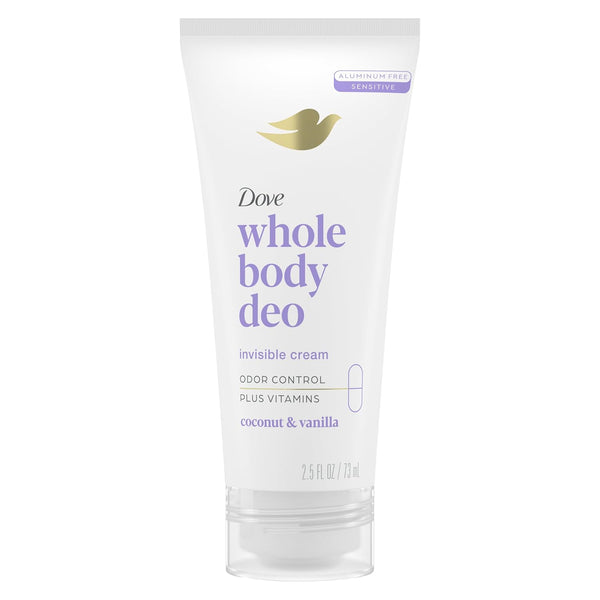 Dove Whole Body Deo Aluminum Free Invisible Cream Deodorant Coconut & Vanilla for 72H Odor Control, 2.5 Oz